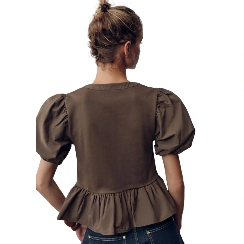 Zara Brown Tie Oversized Puff Sleeve Peplum Top NWT Costal Cowgirl Boho Feminine - Picture 4 of 10